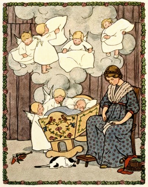 Kleines Kind schläft in Wiege; mit Engeln und Mutter die es behüten